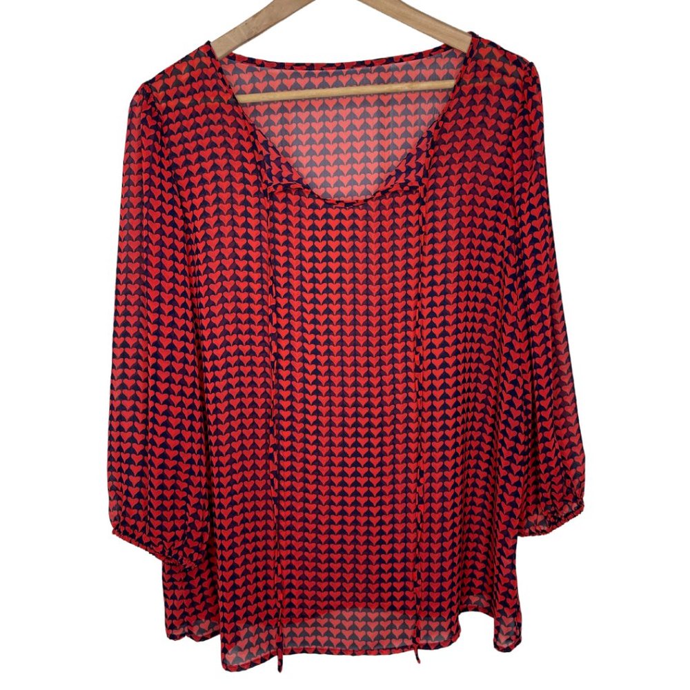 PLEIONE | Sheer Red and Blue Heart Print Blouse with 3/4 Sleeves | Size L